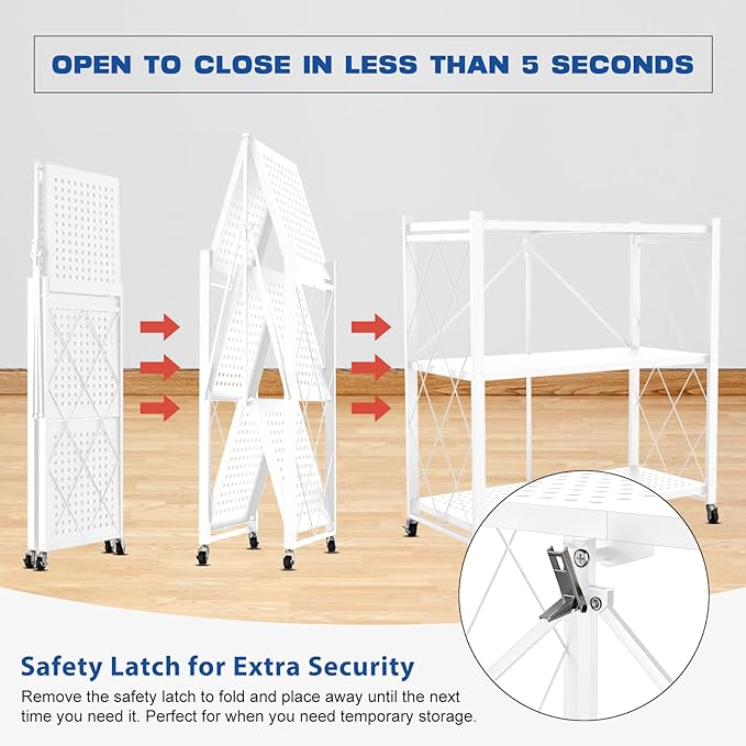 3-Tier Foldable Storage Shelf with Wheels - Metal Rack Collapsible Shelving Unit Display, Rolling Cart for Books Kitchen Storage Shelves, Pantry & Closet Organizer, Office Room Decor