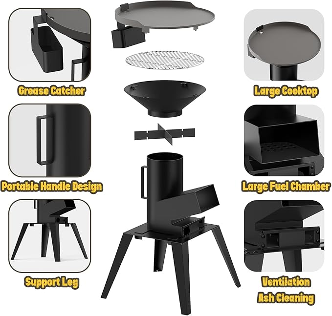3-in-1 Camp Rocket Stove Kit with BBQ Grate, Griddle, Pot Rack, Portable Wood Burning Stove with Detachable Stand, Camping Gear for Outdoor Cooking Patio Barbecue RV Tailgating, GS345