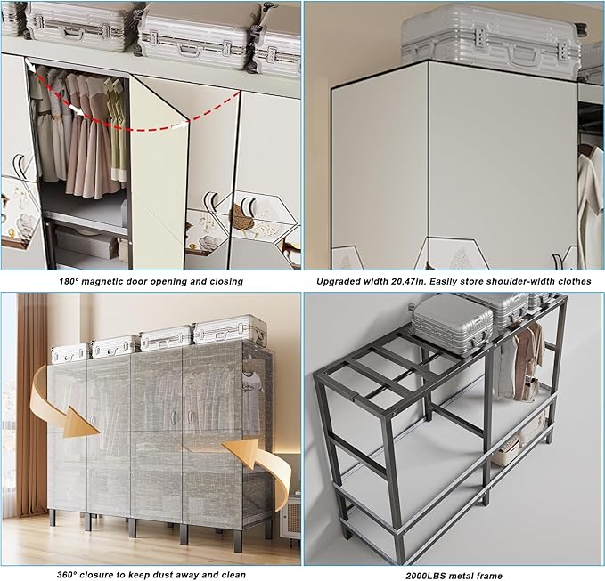 FPIGSHS Heavy Duty Clothes Rack with Magnetic Door 2000LBS Foldable Portable Wardrobe Closet for Hanging Clothing Rolling Garment Rack on Wheels for Bedroom Closet System (C(Pattern Door, 41.3in)