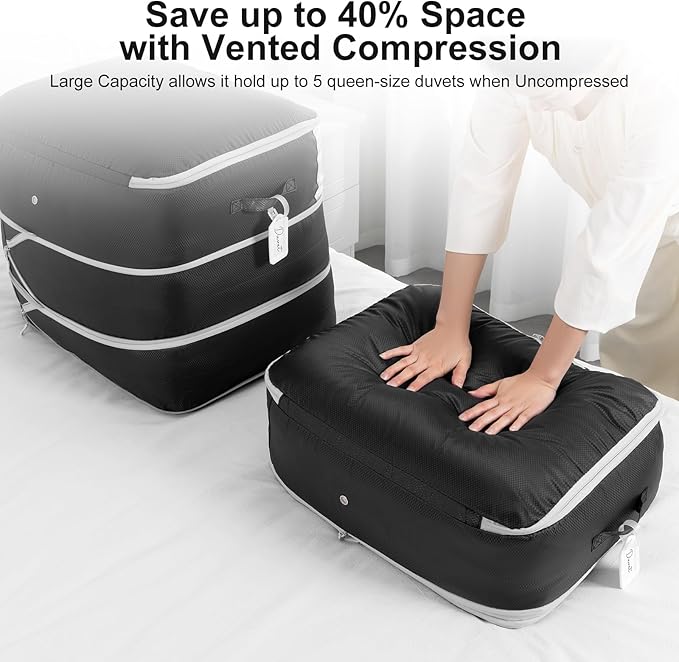 Comforter Storage Bag - Large Capacity Blanket Storage Bags 3-Layer Ultra Space Saving Self Compression Organizer, Washable Compression Bags for Storage Comforter Blanket, 4-Pack, Black