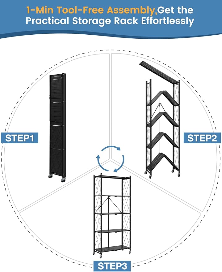 ALANNG 70.7" H Metal Storage Shelves, 5 Tier Folding Shelf on Wheels, Heavy Duty, No Assembly, Rolling, Collapsible Rack Unit for Kitchen, Basement, Pantry (Black,2 Pack)