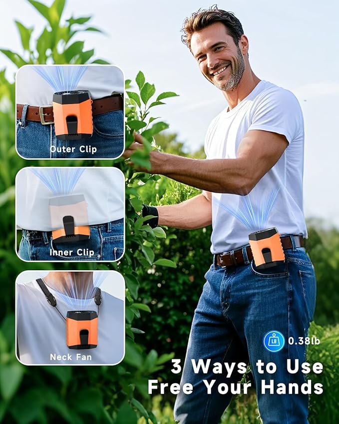 2025 Smart Portable Rechargeable Fan with LED Light & 25H Runtime, 4-Speed 9200RPM Turbo Cooling Personal Waist Fan, Wearable Neck & Belt Clip for Camping, Outdoor, Hiking - Orange