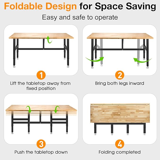 60” Folding Workbench, 2000 LBS Capacity Heavy Duty Workbench, Height Adjustable Foldable Work Table, Rubberwood Collapsible Desk for Workshop, Garage, Office, Home