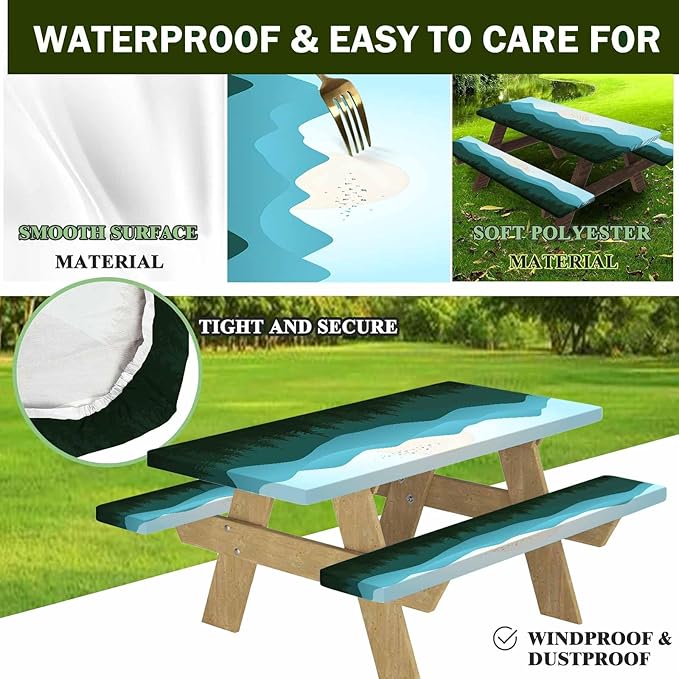 CAPSCEOLL Fitted Picnic Table Cover with Bench Covers with Elastic Waterproof Outdoor Camping Tablecloth 6 Foot Windproof Table Cloth with Drawstring Bag, 72X30in, Green Mountain