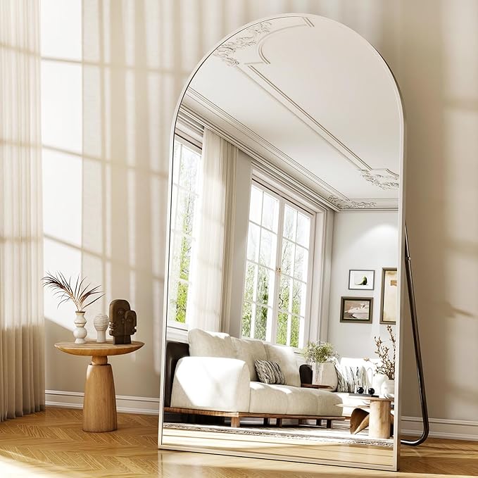 46"x76" Arched Full-Length Mirror, Oversized Floor Mirror with Stand, Freestanding or Wall-Mounted Full Body Mirror for Living Room, Bedroom, or Cloakroom, Silver