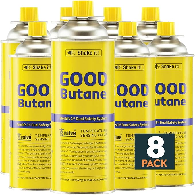8oz Butane Fuel Canisters Cylinders with Dual Safety System for Portable Gas Stove, Camping Stoves, Gas Burners, Cooking Torch, UL Listed, Made in Korea (8 Pack)