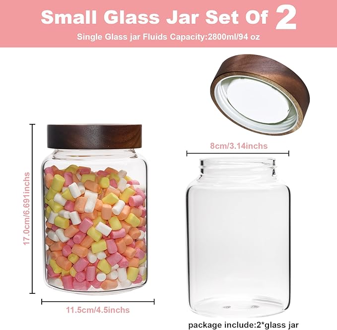 Glass Coffee Jars Spice Jar Round Storage Canister with Wooden Lid Clear Glass Food Jar for Pantry Sugar Tea Coffee Bean Spice Nuts Cookies Bath Salts (1200ml/40oz-2pack-A)