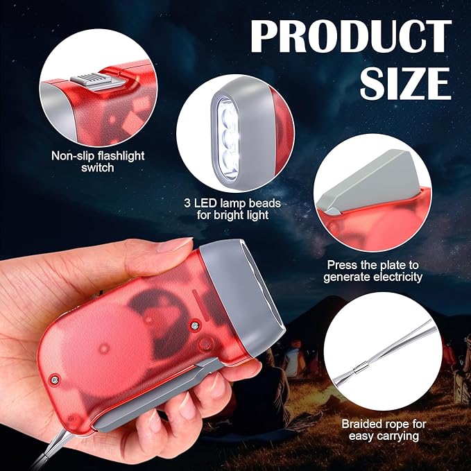Leelosp 48 Pcs Hand Crank Flashlight No Battery Required Cranked Flashlight Manual Press Flash Light 3 LED Squeeze Light for Camping Hiking Power Outage Gift(Red Blue Purple Orange)