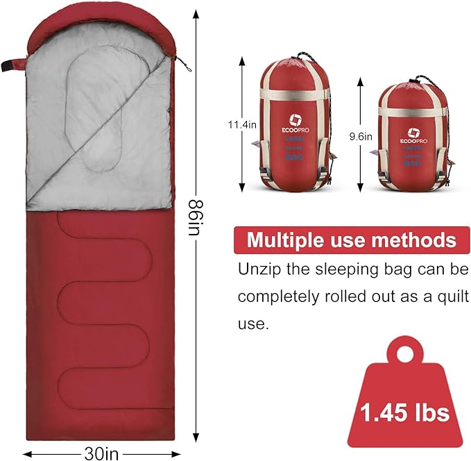 ECOOPRO Warm Weather Sleeping Bag - Portable, Waterproof, Compact Lightweight, Comfort with Compression Sack - Great for Outdoor Camping, Backpacking & Hiking-83 L x 30" W Fits Adults