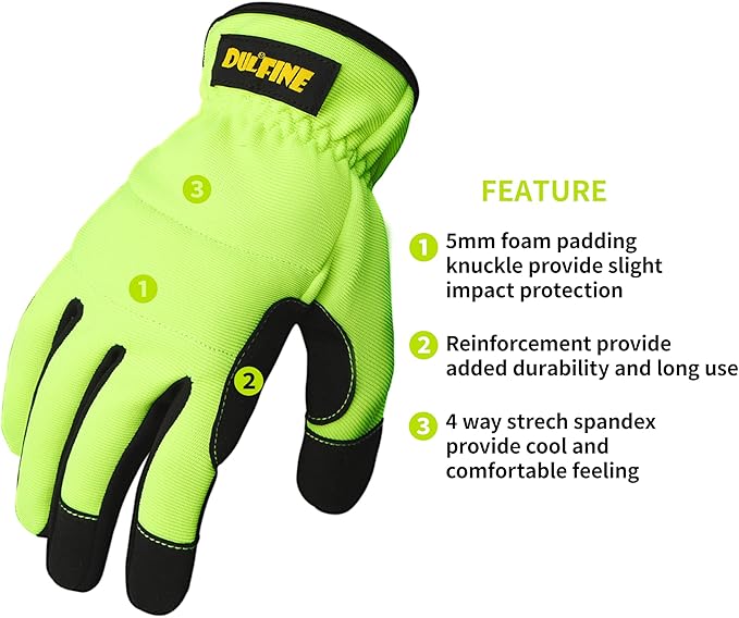 DULFINE High Performance Work Gloves For Men(3 Pairs Pack),Hi-Vis Yellow Color,High Dexterity Touch Screen For Multipurpose,Excellent Grip (Extra Large)