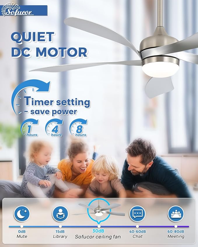Sofucor 52 Inch Ceiling Fans with Lights and Remote, Outdoor Ceiling Fan with Light 6-Speed 3 CCT 3-Timer, Modern Low Profile Ceiling Fan 5 Blade Reversible DC Motor for Living Room Bedroom Patio