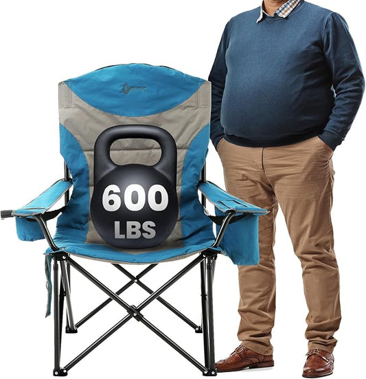 ARROWHEAD OUTDOOR XXL Folding Padded Camping Chair w/Cup & Wine Holder, Armrest Cooler, Support up to 600 lbs, Blue
