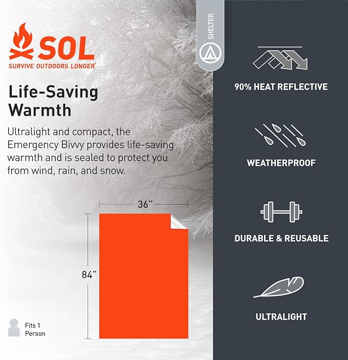 Survive Outdoors Longer 90% Emergency Bivvy - Comes with Survival Whistle & Tinder Paracord Drawstring - Add to Emergency Kit & Hiking Gear - Waterproof, Windproof & Tear-Resistant