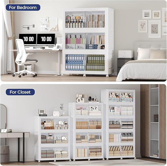 150GAL Extra Large Storage Bins with Lid, 600Qt Stackable Closet Organizers and Drawers, Collapsible Storage Bins with Wheels, Folding Storages Cabinet for Home Bedroom Office, 3Pack White