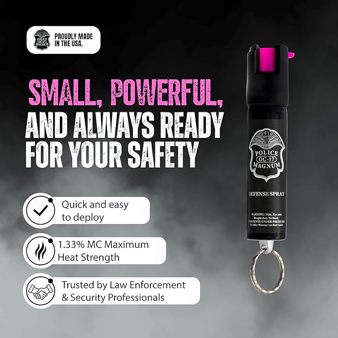 Police Magnum Compact Pepper Spray Self Defense Safety Tool- Strong Built-in Keychain Holder- Small Discreet Canister- Made in The USA- 1 Pack 3/4oz Twist Lock Keyring