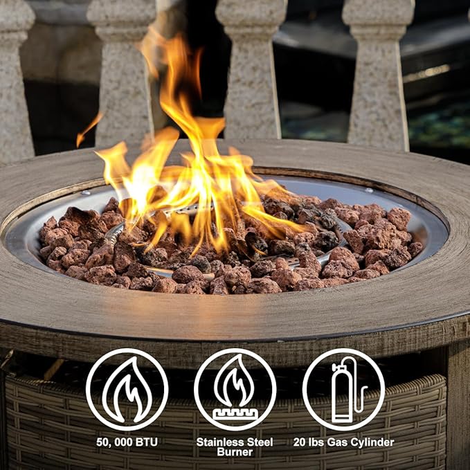 32 inch Propane Fire Pit Table,Wicker Gas Fire Pits Table with Lid & Lava Rocks, 50000 BTU Round Propane Firepit for Outside, Fire Table for Dining,Party, Patio,Yard