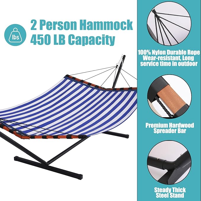 TegerDeger 12FT 2 Person Hammock with Stand Included 55 x 79IN Large Hammock Quick Dry 450LB Capacity with V Shaped Hardwood Spreader Bar & Nylon Rope for Outside, Patio, Garden - Tender Blue Stripes