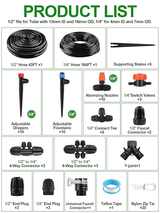 207FT Automatic Drip Irrigation Kits, Kalolary 1/4" 1/2" Adjustable Garden Watering System with 4/7mm 16mm Tube Drip Emitters Locked Fittings Drip Irrigation Parts System for Greenhouse Raised Beds