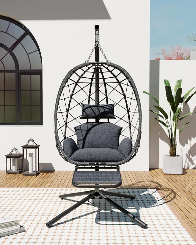 SWITTE Hanging Egg Chair with Stand, Outdoor Swing Egg Chair with Footrest, Patio Hammock Chair with Cushion for Garden Backyard-Dark Grey