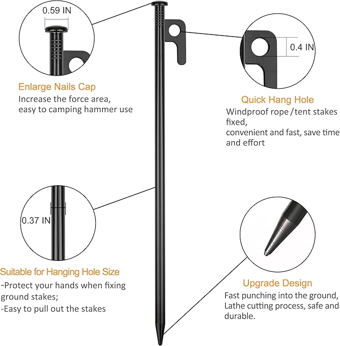 4 Pack Tent Stakes Heavy Duty Metal Tent Pegs for Camping Steel Tent Stakes 12 inch Unbreakable and Inflexible