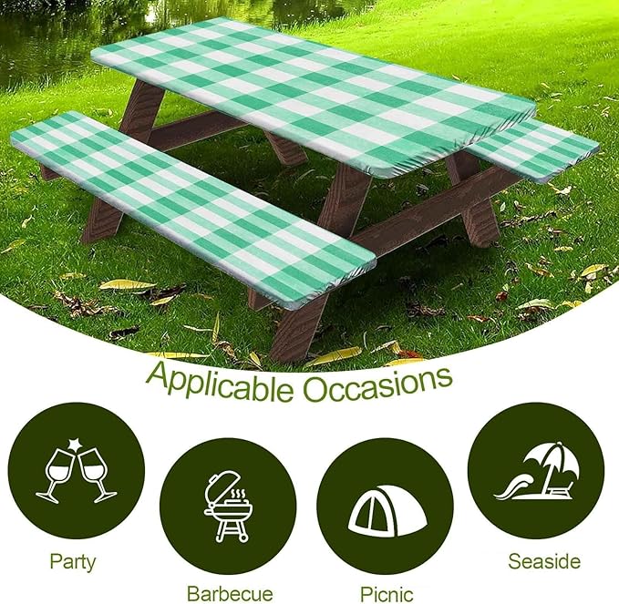 CAPSCEOLL Elastic Picnic Table Cover with Bench Covers 5Ft Waterproof Fitted Picnic Table Cover Cloths for Outdoors Camping Tablecloth with Drawstring Bag, 60X30in, Green Checkered