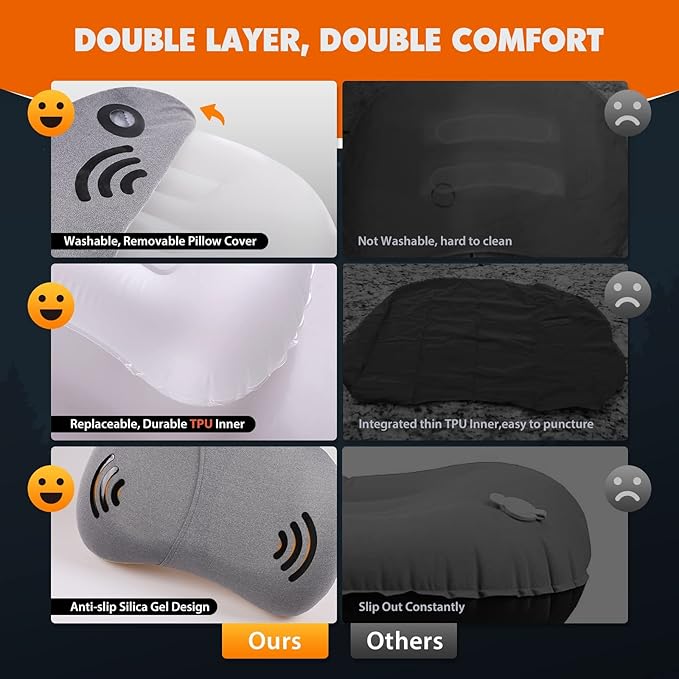 Hikenture Camping Pillow with Removable Cover, Ultralight Inflatable Backpacking Pillow for Sleeping, Blow Up Pillows, Portable&Compact Hiking Pillow for Beach, Travel, Outdoor(Grey)