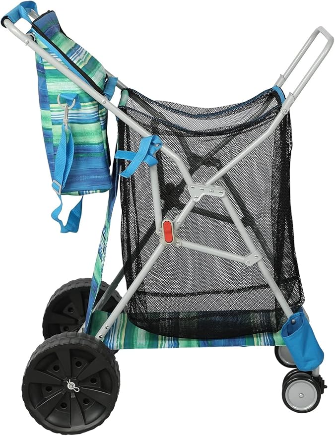 Beach Cart with Big Wheels for Sand, Collapsible All-Terrain Beach Wagon with Cooler Bag & Umbrella Holder, Large Mesh Storage, Supports 100lbs for Camping, Outdoor, Shopping, Dark Blue Stripes