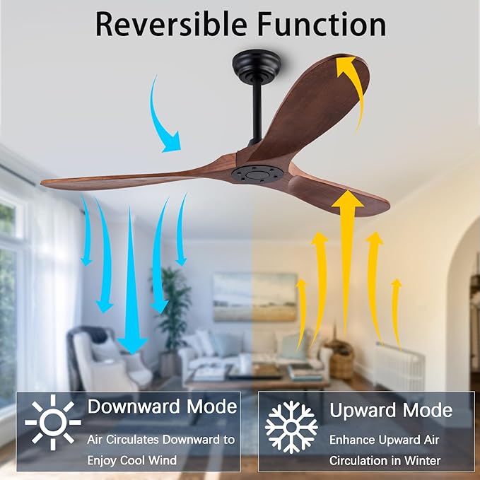 60" Wood Ceiling Fan No Lights with Remote Control，Wooden 3 Blades Ceiling Fans Without Light for Patio,Garage,Living Room,Bedroom,Office,Indoor/Outdoor(Black+Dark Walnut)