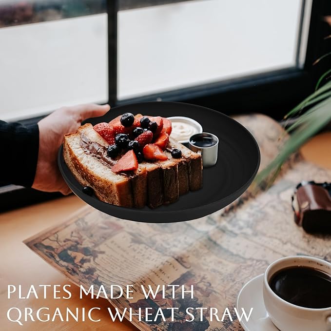 Homienly Deep Dinner Set of 8 - Alternative to Plastic, Microwave & Dishwasher Safe Wheat Straw Plates - Unbreakable for Kids - Black, 9 inch