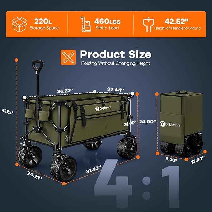 220L Collapsible Wagon Cart Foldable, 460LB Load Capacity Heavy Duty Folding Beach Wagons with Big All-Terrain Wheels, Utility Carts for Groceries, Shopping, Camping, Sports - Green