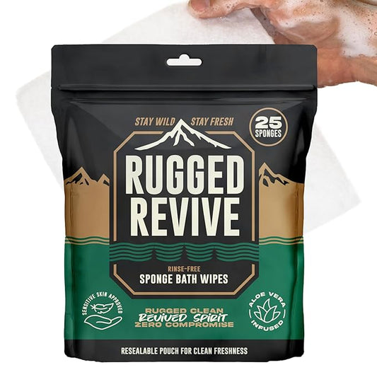 Disposable No Rinse Bathing Wipes – Rinse-Free Sponge Bath for Adults & Kids - Thick Body Wipes with Aloe for Camping, Hiking, Travel, Backpacking, Outdoor & Off-Grid Use – (25 Pack)