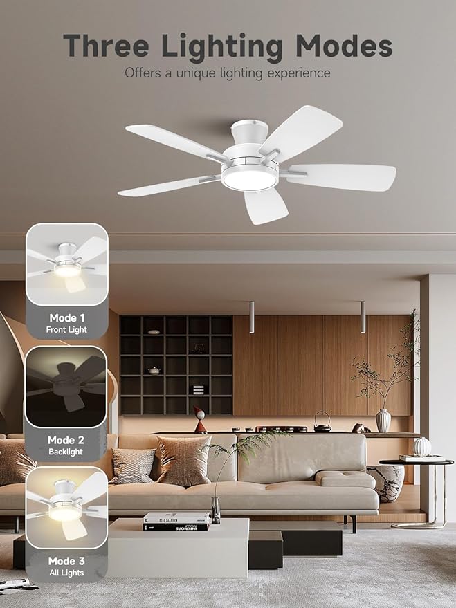 TALOYA Ceiling Fans with Lights and Remote, 46 Inch Low Profile Ceiling Fan with Light, Flush Mount, Reversible, 3CCT, Dimmable White Modern Ceiling Fan for Bedroom, Living Room, Outdoor Patio