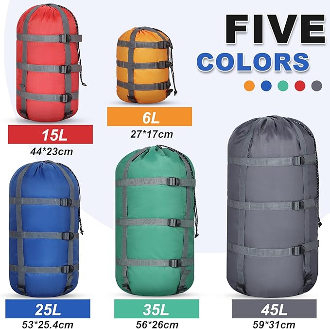 5 Pack Compression Stuff Sack 5 Assorted Size Sleeping Bag Stuff Sack Ultralight Sleeping Bag Cover Space Saving Gear for Travel Outdoor Camping Hiking Backpacking