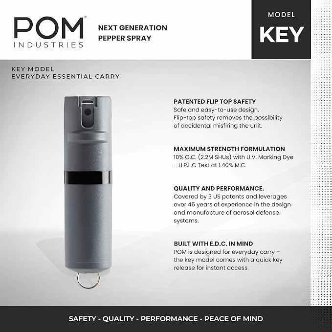 POM Pepper Spray Combo Pack, Keychain & Clip Model, Max Police Strength OC Formula, Quick Key Release, Flip Top Safety, 10 ft Range, 25 Bursts, 0.5 fl oz, Compact Tactical Design for Everyday Carry