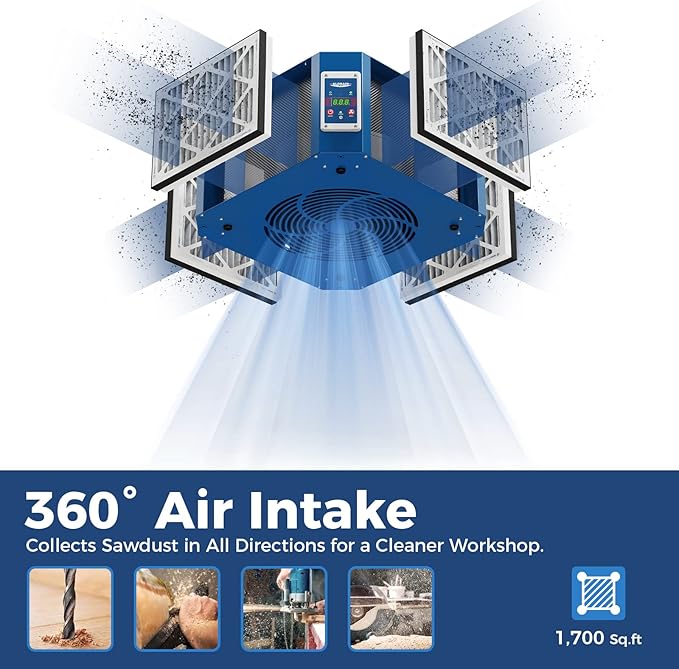 AlorAir 360 degree Intake Air Filtration System - (1350 CFM) with Strong Vortex Fan, Built-in Ionizer, Shop Dust Collector for Woodworking Shop, Garage Works Shop, Purecare 1350IG