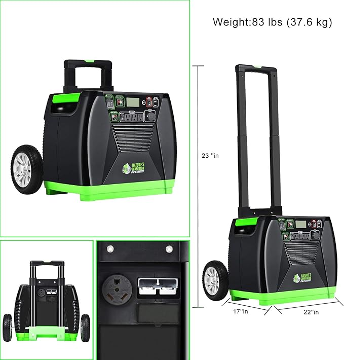 Nature's Generator Elite with Cart -3600w Solar and Wind Powered Generator in Quiet Operation with 12V DC port,2 USB ports,3 AC outlets and 120V 30amp pure sine wave AC outlet HKNGGNEL