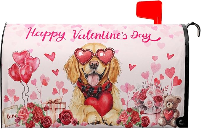 Happy Valentine Mailbox Covers Magnetic Standard Size 25.5"x21" Golden Retriever Dog Love Heart Decorative Mail Box Post Cover Rose Anniversary Pink Mail Box Post Cover for Home Outdoor Garden