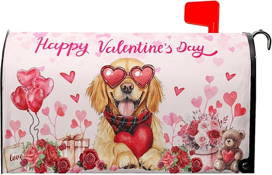 Happy Valentine Mailbox Covers Magnetic Standard Size 25.5"x21" Golden Retriever Dog Love Heart Decorative Mail Box Post Cover Rose Anniversary Pink Mail Box Post Cover for Home Outdoor Garden