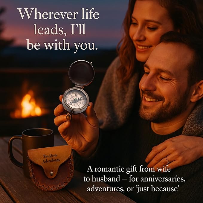 Engraved Compass Gift for Men – Vintage Brass Pocket Compass for Hiking, Adventure, and Travel – Antique Finish with Leather Case – Moon & Stars, or Road Design – Gift for Dad, Husband, or Son