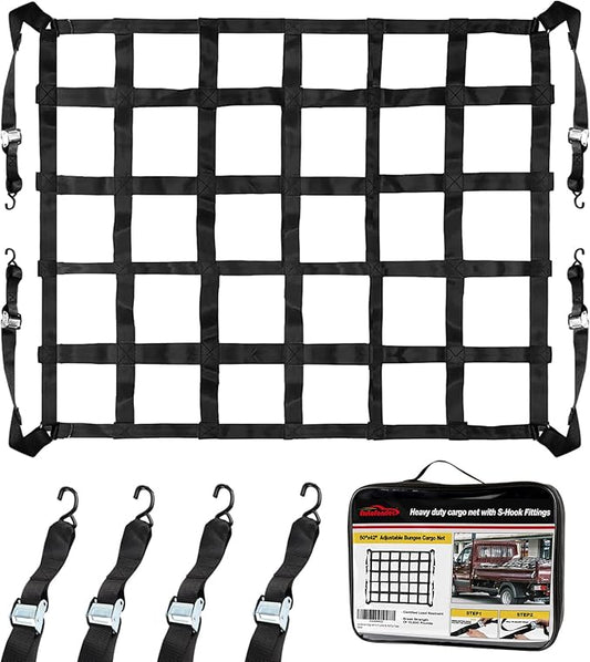 Cargo Net for Pickup Truck Bed Adjustable 42"x50" Truck Bed Cargo Netting with S-Hook Fittings 2” Wide Heavy Duty Small Trunk Net Automotive Carrier for SUV Car Trailer