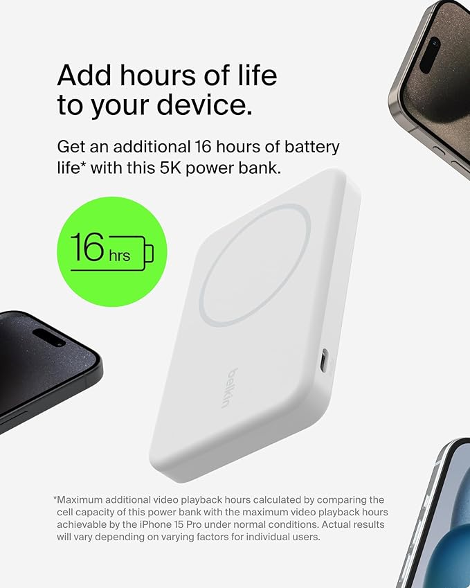 Belkin Portable Charger, Wireless Power Bank 15W 5000 mAh w/ Qi2 - MagSafe Charger w/Built-in Pop-up Kickstand - Compatible w/iPhone 17, Air, Pro, Pro Max, Google Pixel 10, etc. - White