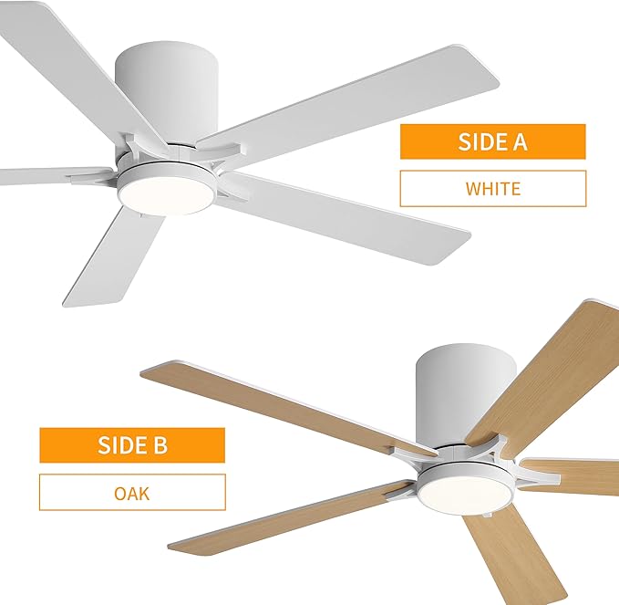 WINGBO 48" DC Flush Mount Ceiling Fan with Lights, 6-Speed Reversible DC Motor, 3CCT, Low Profile Hugger Ceiling Fan for Living Room Bedroom Kitchen, White Finish and White/Oak Blades
