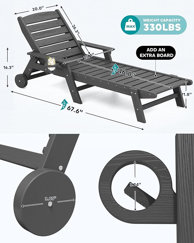 SERWALL Patio Chaise Lounge Chair Set of 4, 5 Positions Adjustable Poly Outdoor Lounge Chair for Pool, HDPE Lounge Chair with Rolling Wheels & Cup Holder for Poolside, Deck, Slate Gray