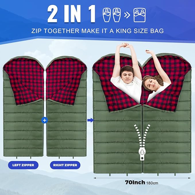 0 Degree Sleeping Bag Cotton Flannel Winter Cold Weather for Adults XXL Sleeping Bag 4 Season Big and Tall with Pillow Compression Sack