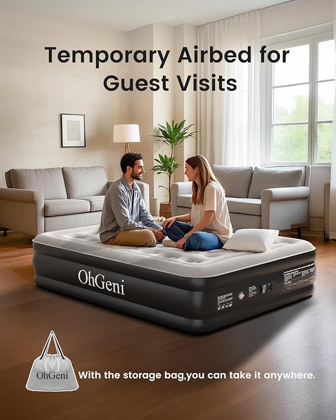 OhGeni King Air Mattress Family Choice Award with Built-in Pump,18'' Comfortable Blow Up Colchones Inflables Mattress for Home,Guests, Portable Air Bed for Adults, Airbed Supports Up to 650 lbs,Black