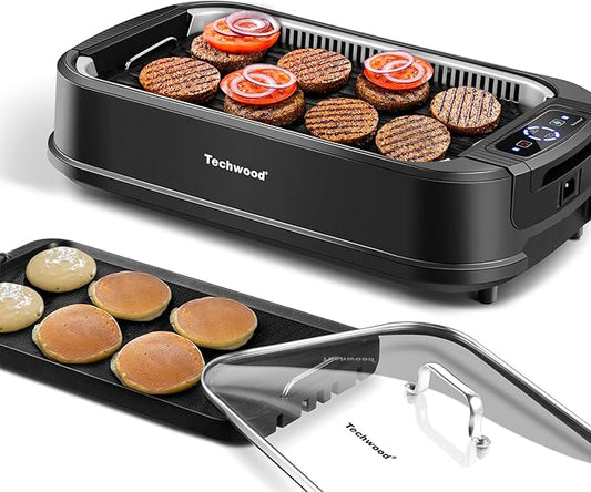 Indoor Smokeless Grill, Techwood 1500W Electric Indoor Grill with Tempered Glass Lid, Portable Non-stick BBQ Korean Grill, Turbo Smoke Extractor Technology, Drip Tray& Double Removable Plate, Black