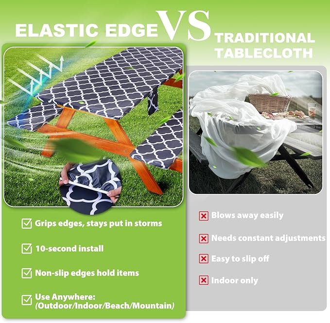 Fitted Picnic Table Cover with Bench Covers Waterproof Elastic Edges Rectangle Patio Tablecloth Outdoor Camping Essentials Stuff Rv Accessories Summer Trip Travel Supplies Party Camper Gifts, 8 ft