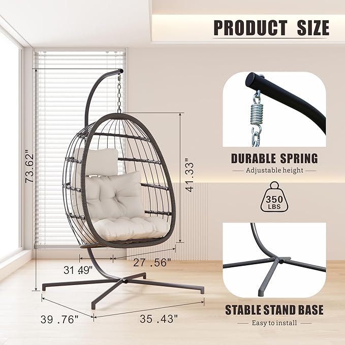 HWB Hanging Egg Chair with Stand, Patio Wicker Hammock Egg Swing Chair with Cushion for Bedroom Garden Indoor Outdoor (Beige)
