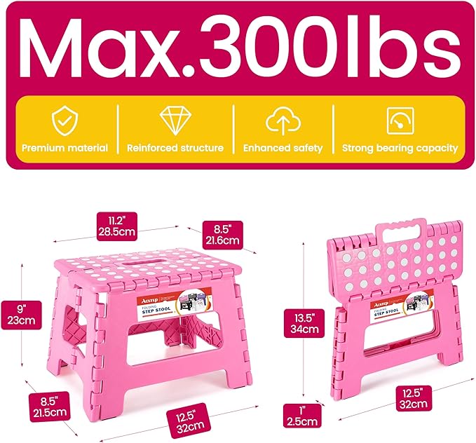 ACSTEP 9 Inch Folding Step Stool - The Lightweight Step Stool is Sturdy and Safe Enough. Opens Easy with One Flip. Great for Kitchen, Bathroom, Bedroom Pink