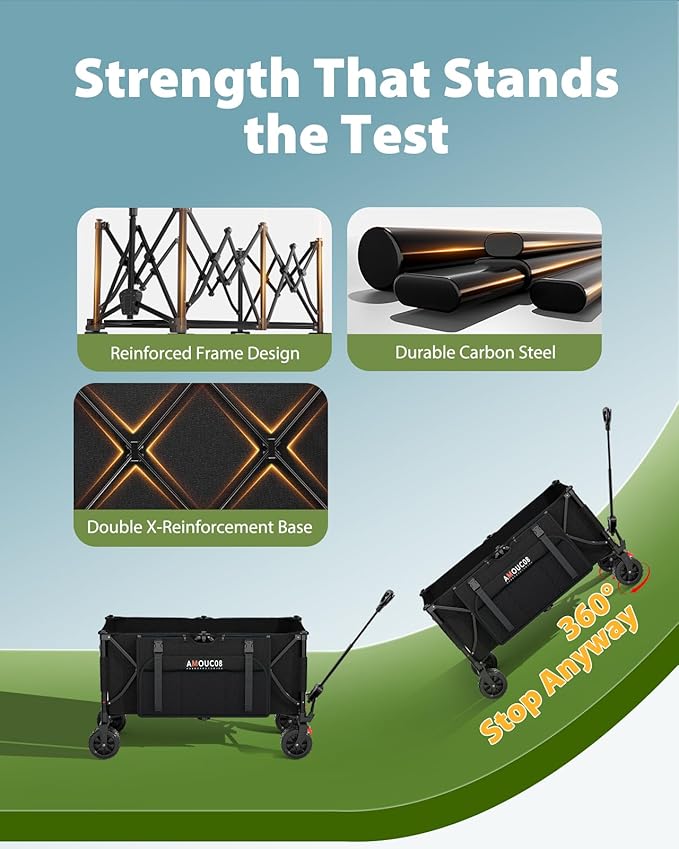 300L Large Wagons Carts Foldable, Heavy-Duty Collapsible Wagon Cart with All-Terrain Wheels, 440 lbs Capacity, Compact Folding Wagon for Camping, Beach, Sports, and Outdoor Hauling